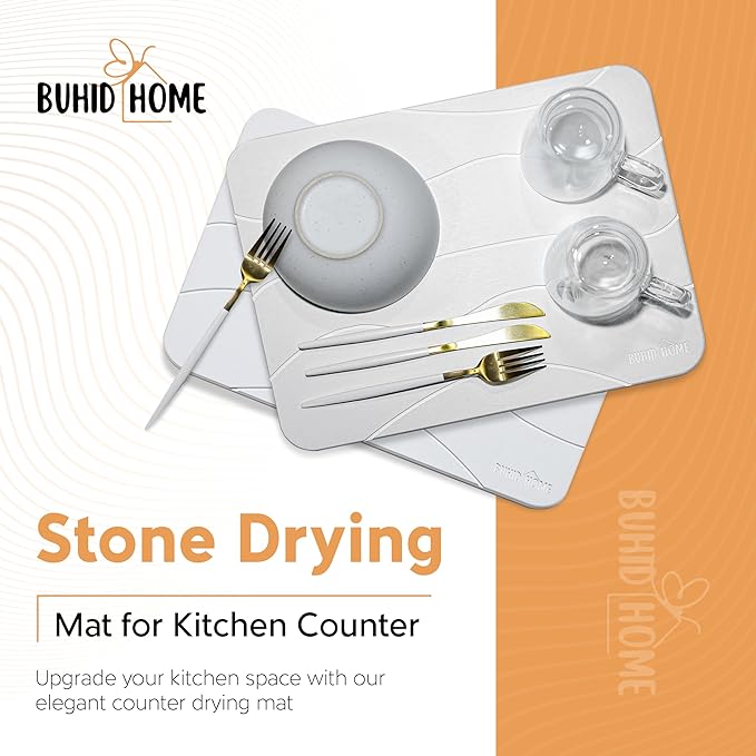 Stone Dish Drying Mat for Kitchen Counter - Absorbent Diatomaceous Earth Stone Dish Drying Mat, Fast Dry, Non-Slip & Heat Resistant Stone Mat - White Stone Mat for Kitchen 23.62x15.35''