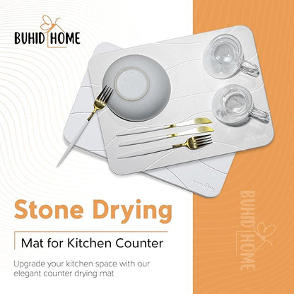 Stone Dish Drying Mat for Kitchen Counter - Absorbent Diatomaceous Earth Stone Dish Drying Mat, Fast Dry, Non-Slip & Heat Resistant Stone Mat - White Stone Mat for Kitchen 23.62x15.35''
