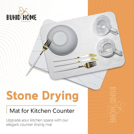 Stone Dish Drying Mat for Kitchen Counter - Absorbent Diatomaceous Earth Stone Dish Drying Mat, Fast Dry, Non-Slip & Heat Resistant Stone Mat - White Stone Mat for Kitchen 15.75"x11.8"
