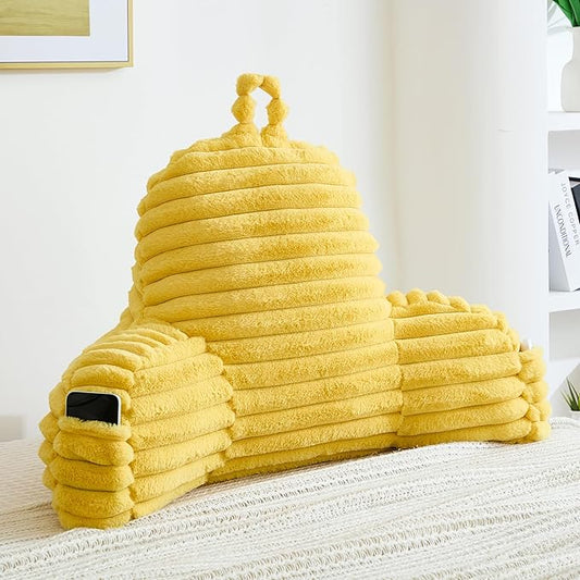 Faux Fur Fluffy Yellow Reading Pillow with Pockets, Luxury Striped Plush Decorative, Arm Rests and Back Surport for Bed Rest, Lounging on Sofa, Large