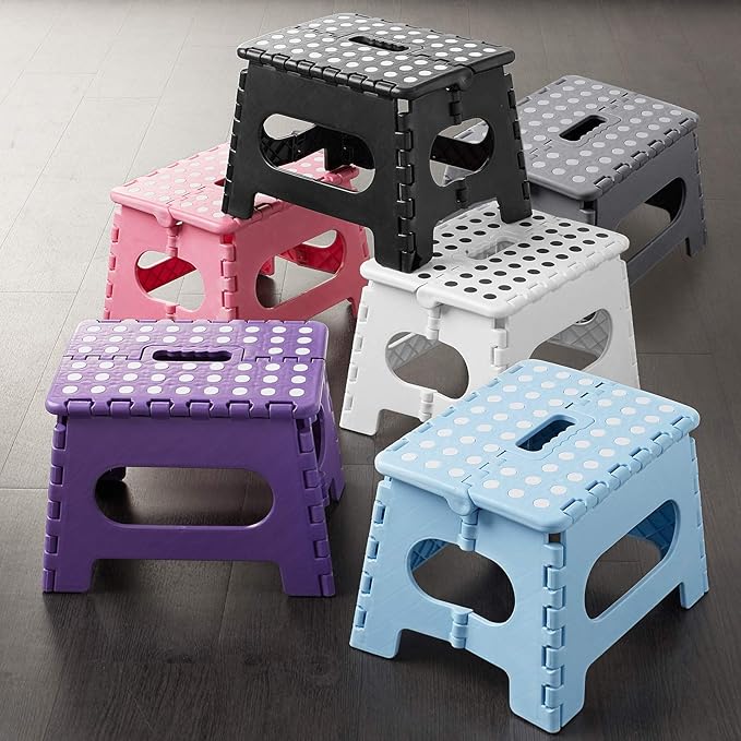 Casafield 9" Folding Step Stool with Handle, Black - Portable Collapsible Small Plastic Foot Stool for Kids and Adults - Use in The Kitchen, Bathroom and Bedroom