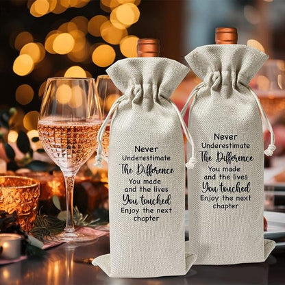 Retirement Gifts Wine Bag, Retirement Thank You Gift For Colleagues Friend Employee Boss, Never Underestimate the Difference You Make Reusable Linen Bags