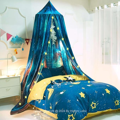 Galaxy Print Kids Bed Canopy, Girls Princess Bed Canopy Dreamy Room Decor, Soft Hanging Reading Nook Play Tent Canopy, Extra Large Full Size Bed Canopy with String Light