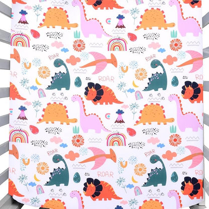 JISEN Baby Crib Sheet 1 Piece Portable Fitted Crib Sheet for Standard Crib and Toddler Mattresses Nursery Bed Decor for Boys Girls 28x52 Inch Multicolor Dinosaurs