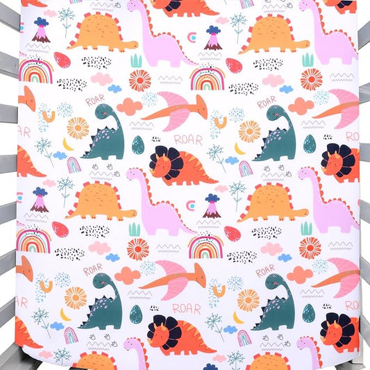 JISEN Baby Crib Sheet 1 Piece Portable Fitted Crib Sheet for Standard Crib and Toddler Mattresses Nursery Bed Decor for Boys Girls 28x52 Inch Multicolor Dinosaurs