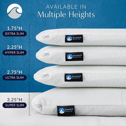 Bluewave Bedding Super Slim Gel Memory Foam Pillow for Stomach and Back Sleepers - Thin, Flat Design for Cervical Neck Alignment and Deeper Sleep (3.25-Inches Height, King Size)