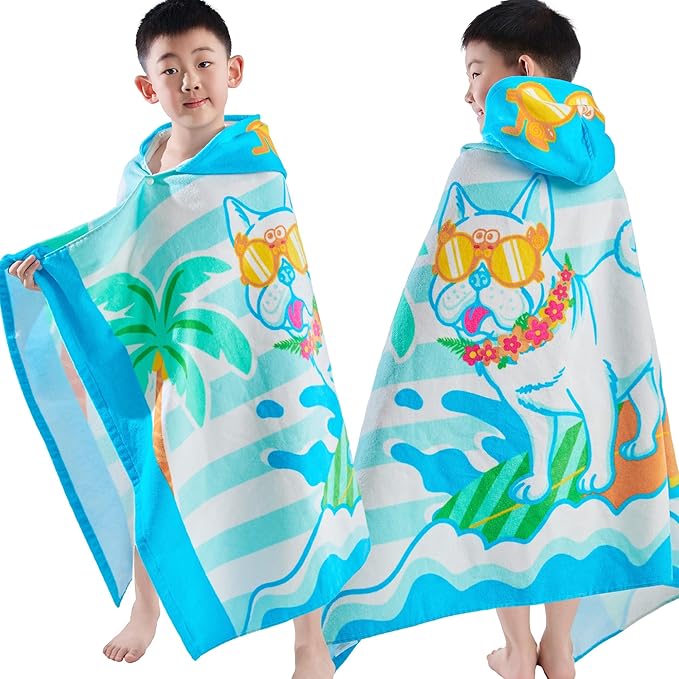VOOVA & MOVAS Hooded Towels for Kids 3-10Years, Soft | Thick | 100% Cotton | Absorbent Towel Wrap, Perfect for Kids Beach, Pool, Bath, Swimming, Stripe Dog