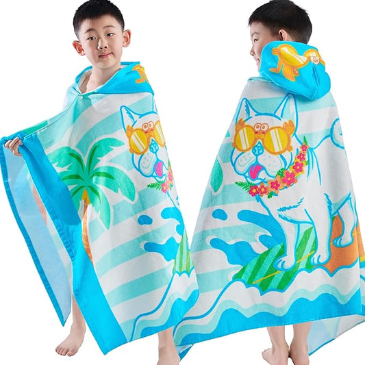 VOOVA & MOVAS Hooded Towels for Kids 3-10Years, Soft | Thick | 100% Cotton | Absorbent Towel Wrap, Perfect for Kids Beach, Pool, Bath, Swimming, Stripe Dog