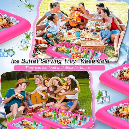Leitee 4 Pcs Inflatable Ice Serving Bars Buffet Serving Tray Drink Cooler for Pool Party Inflatable Ice Tray Floating Food Drink Containers with Drain Plug and a Hand Pump, 2 Sizes (Pink)