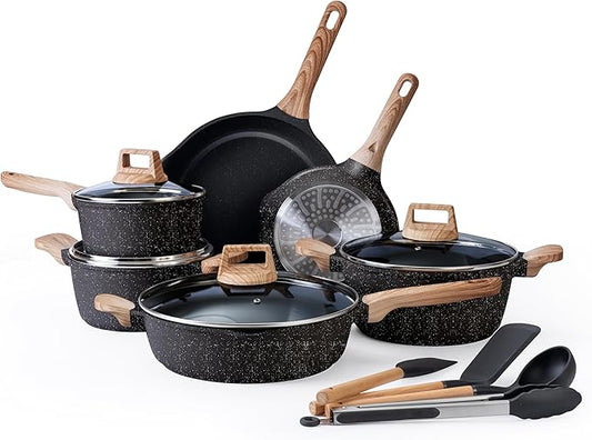 Country Kitchen Pots and Pans Set Nonstick, Cast Aluminum Kitchen Cookware Set with Utensils, 14 Pcs Non Stick Cooking Set w/Frying Pans & Saucepans