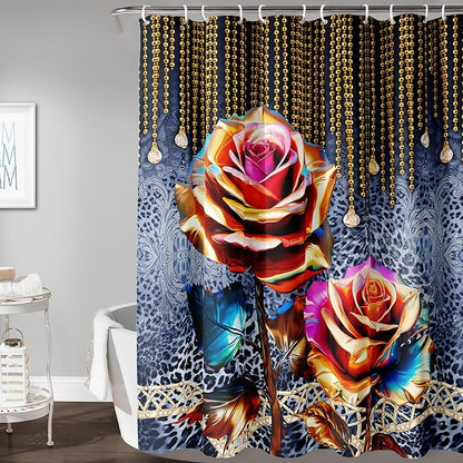 AILONEN Gold Rose Shower Curtain for Bathroom- Romantic Floral Shower Curtain -Polyester Fabric Waterproof Decoration- Plants Blue Black Leopard Flowers Bath Shower Curtains Washable, 48" W x 72" H