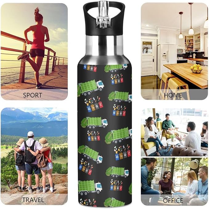 Garbage Truck Trash Recycling Stainless Steel Water Bottle with Straw Lid - 20 Oz Sports Insulated Water Bottle Thermos for Sport Gym Outdoor Travel School (DZ008)