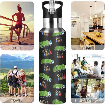 Garbage Truck Trash Recycling Stainless Steel Water Bottle with Straw Lid - 20 Oz Sports Insulated Water Bottle Thermos for Sport Gym Outdoor Travel School (DZ008)