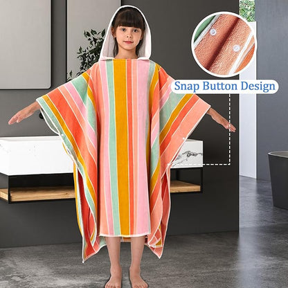 VOOVA & MOVAS Big Kids Hooded Poncho Towels for Teens (8-16Years), 100% Cotton Thick Poncho Towel, Perfect for Pool, Beach, Bath,Pink Blue Purple Stripe