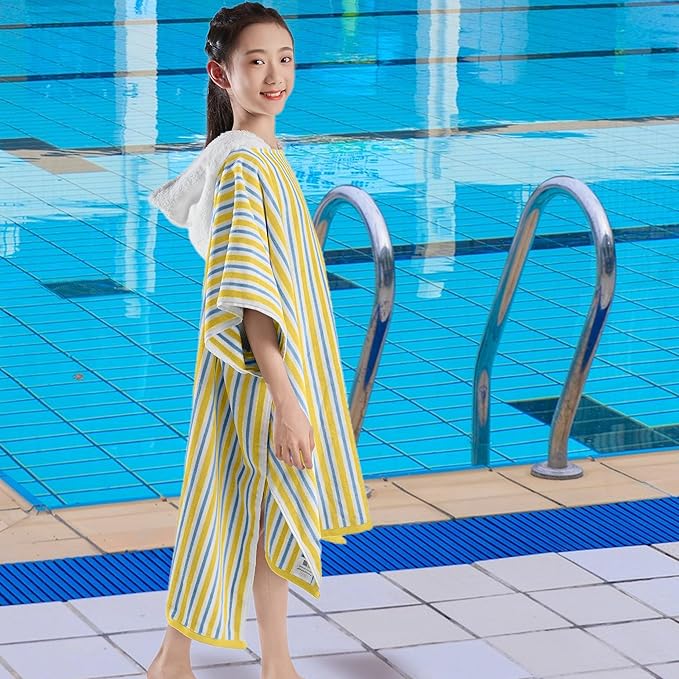 VOOVA & MOVAS Teens Beach Towels with Hood (8-16Years), Large Soft and Absorbent Cotton Hooded Pool Towel Poncho Robe - Versatile for Pool, Swim, and Bath, Blue Yellow Stripe