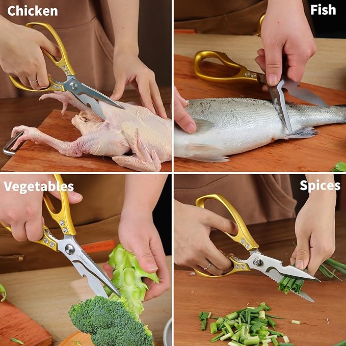 Kitchen Shears for Food Heavy-Duty: Multipurpose Kitchen Shears for Cutting Chicken, Bone, Meat, Food, (9'' Gold)