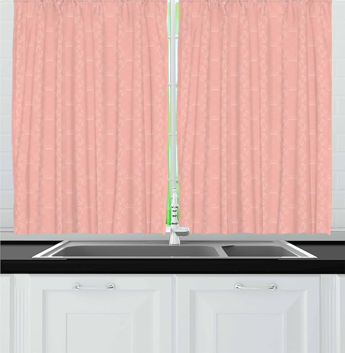 Ambesonne Peach Kitchen Curtains, Soft Colored Background with Crowns and Floral Abstract Motifs with Faded Look Monochrome, Window Drapes 2 Panel Set for Kitchen Cafe Decor, 55" x 30", Coral