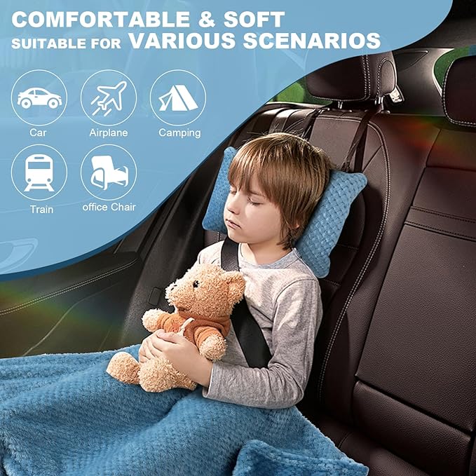 3 in 1 Travel Pillow and Blanket Set - 280 GSM Travel Blanket Airplane Compact with Bag, Inflatable Travel Pillow, Packable Airplane Blanket, Luggage Sleeve & Backpack Clip (Slate Blue)
