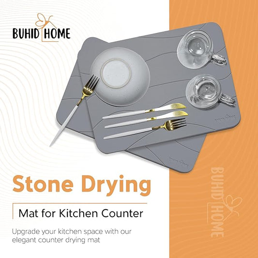 Stone Dish Drying Mat for Kitchen Counter - Absorbent Diatomaceous Earth Stone Dish Drying Mat, Fast Dry, Non-Slip & Heat Resistant Stone Mat - Gray Stone Mat for Kitchen 15.75"x11.8"