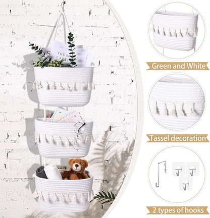 Over the Door Hanging Basket Boho Woven Wall Hanging Baskets 3-Tier Cotton Wall Mounted Storage Organizer Bag Macrame Decorative Hanging Baskets for Kitchen Laundry Room Stairs(White)