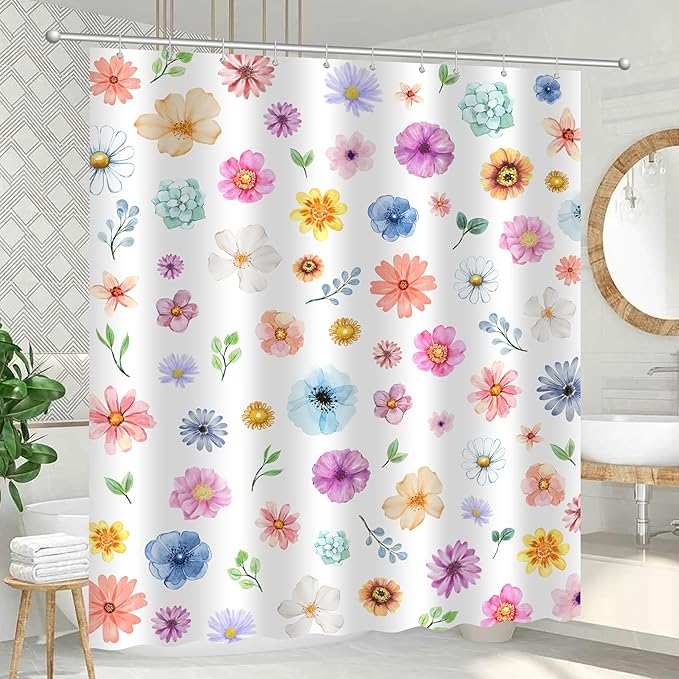 Boho Floral Shower Curtain, Spring Colorful Botanical Flower Leaves Bohemian Fabric Shower Curtain Set with 12 Hooks, Bathroom Bathtub Accessories Decor Cloth Curtain 60x72 Inches