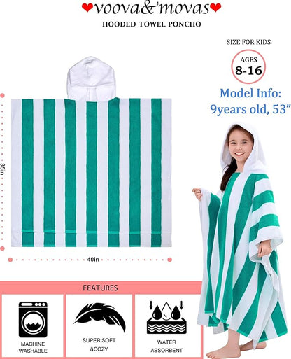 Terry Cloth Hooded Towel Poncho for Boys| Girls | Teens (8-16Years), 100% Cotton Thick Soft Absorbent Poncho Towel Robe for Kids, Perfect for Pool, Beach, Bath and Gifts, Aqua White Stripe