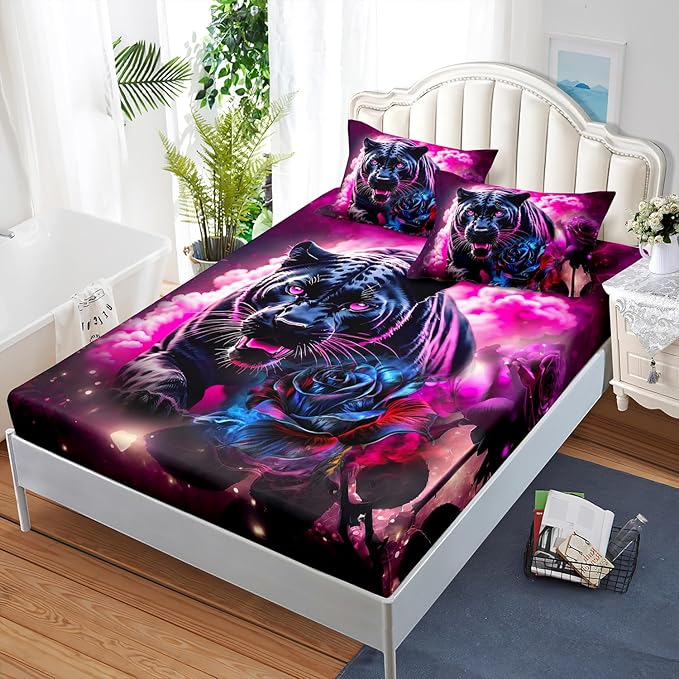 AILONEN Black Panther Fitted Sheet Set Queen Size,Red Rose Romantic Smoky Lightning Leopard Print Bed Sheet Set,Safari Animal Cheetah Fitted Sheet and 2 Pillowcases,3 Pieces