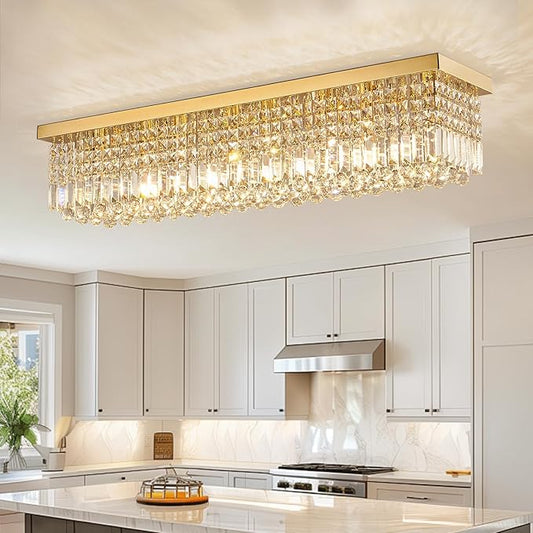 Siljoy 8-Lights Rectangular Flush Mount Ceiling Light Gold Rectangle Modern Crystal Chandelier Farmhouse Close to Ceiling Raindrop Pendant Light Fixture for Dining Living Room Kitchen Island L40''