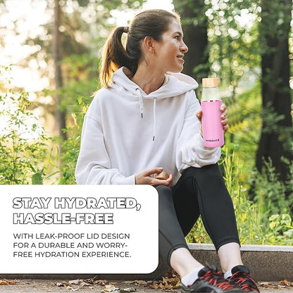 HYDRATE Bottles 20oz Glass Water Bottle with Bamboo Lid - Clear Refillable Bottle with Pink Silicone Sleeve - Leak-Proof Lid - Classic Design for Extra Convenience - Ideal for Drinking Water, Juice