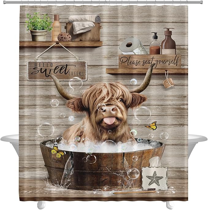 Farmhouse Highland Cow Shower Curtain Funny Western Farm Animal Bull Shower Curtains for Bathroom Decor Waterproof Polyester Fabric Country Cattle Bathroom Curtain with Hooks 55x72 Inch