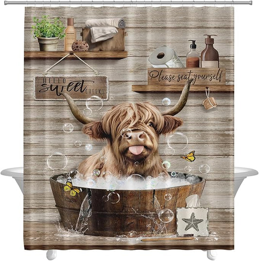 Farmhouse Highland Cow Shower Curtain Funny Western Farm Animal Bull Shower Curtains for Bathroom Decor Waterproof Polyester Fabric Country Cattle Bathroom Curtain with Hooks 55x72 Inch