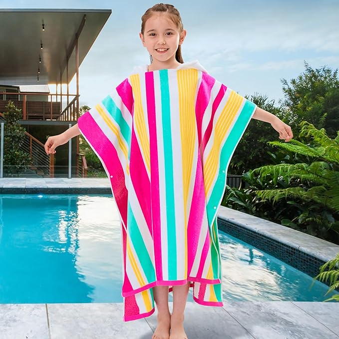 VOOVA & MOVAS Big Kids Cotton Poncho Towels with Hood (8-16Years), Thick Poncho Towel Robe for Kids, Perfect for Pool, Beach, Bath and Gifts, Red Green Yellow Stripe