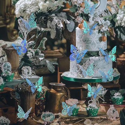 SAOROPEB 3D Butterfly Wall Decor 48 Pcs 4 Styles 3 Sizes, Butterfly Decorations for Butterfly Birthday Decorations Butterfly Party Decorations Cake Decorations, Removable Stickers (Laser Blue)