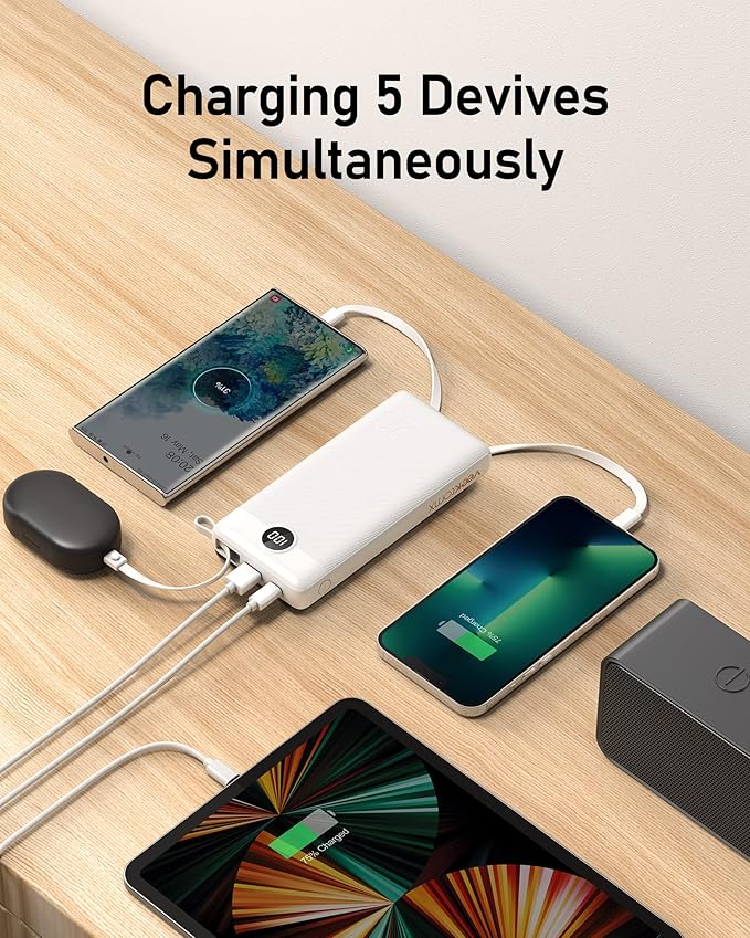 VEEKTOMX Portable Charger with Built-in Cables, 20000mAh Power Bank for iPhone, Fast Charging USB C Battery Pack, Travel Essentials Powerbank Compatible with iPhone 15/14/13, Samsung, Android, etc