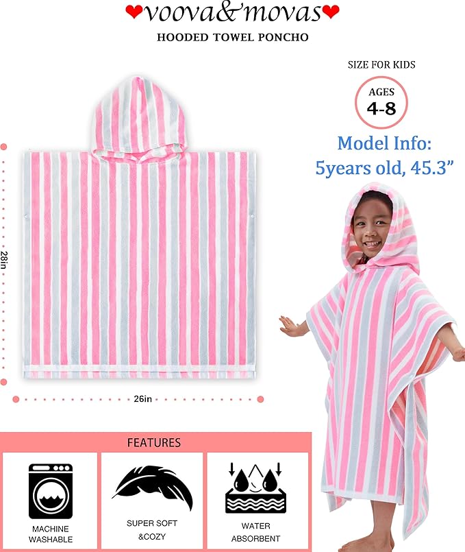 VOOVA & MOVAS Kids Poncho Towels - Soft 100% Cotton (4-8Years), Quick Dry Absorbent Light Weight Hooded Towel for Pool | Swim | Beach | Bath, Pink Gray Stripe