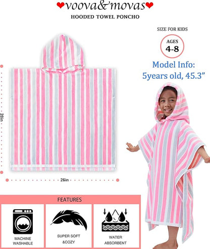 VOOVA & MOVAS Kids Poncho Towels - Soft 100% Cotton (4-8Years), Quick Dry Absorbent Light Weight Hooded Towel for Pool | Swim | Beach | Bath, Pink Gray Stripe