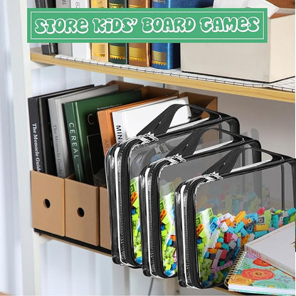 Sanwuta 3 Packs Toy Storage Bags with Zipper, Clear PVC Organizing Bags, Waterproof Toy Bags for Board Games, Building Blocks, Toys and Kids Books (Black,3 Sizes)