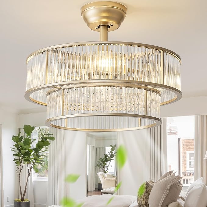 20" Gold Crystal fandelier Ceiling Fan with Lights,Gold Caged Chandelier Ceiling Fan with Light Remote Control,Enclosed Mid Century with 6 Speeds for Bedroom,Living Room,Nursery