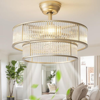 20" Gold Crystal fandelier Ceiling Fan with Lights,Gold Caged Chandelier Ceiling Fan with Light Remote Control,Enclosed Mid Century with 6 Speeds for Bedroom,Living Room,Nursery