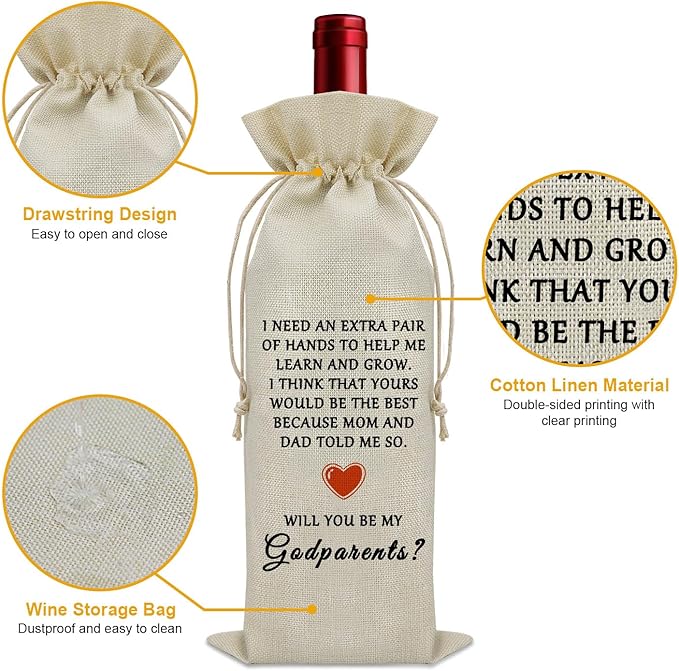 Sazuwu Godparents Proposal Gift Wine Bag Will You Be My Godparents Gift Ideas Godparents Baptism Gift Wine Bottle Decoration Bag Godparents Gifts from Godchild Christening Gift from Godparents