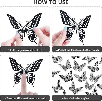 SAOROPEB 3D Butterfly Wall Decor 48 Pcs 4 Styles 3 Sizes-Butterfly Birthday Decorations&Butterfly Party Decorations&Butterfly Cake Decorations-Removable Gold Butterfly Decorations (Black)