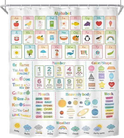 MESHELLY Kids Alphabet ABC Shower Curtain 60Wx72H Educational Funny Cartoon Cute Number Shape Baby Nursery Bathroom Curtain Colorful Bath Curtain Cloth Fabric Bathroom Accessories Decor with 12 Hooks