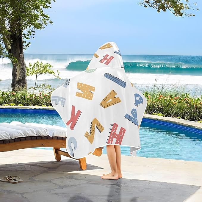 Kids Hooded Beach Towel, Cute Dinosaur Alphabet Print Beach Bath Towel with Hood for Boys Girls 50"x23.5", Soft Absorbent Quick Dry Beach Swim Pool Towel for Toddler