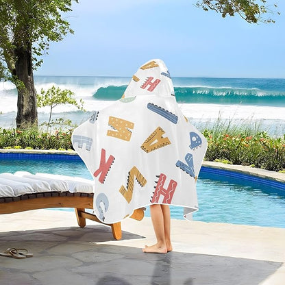 Kids Hooded Beach Towel, Cute Dinosaur Alphabet Print Beach Bath Towel with Hood for Boys Girls 50"x23.5", Soft Absorbent Quick Dry Beach Swim Pool Towel for Toddler