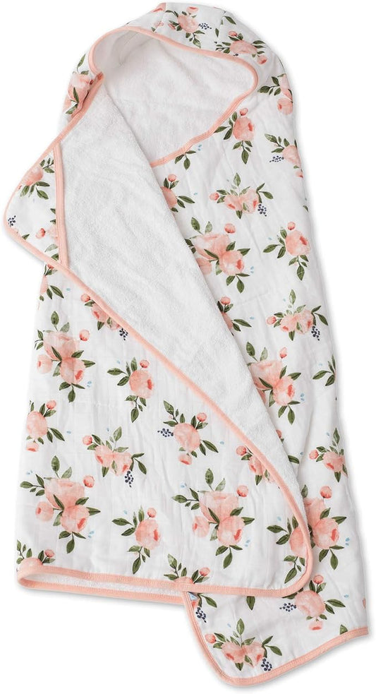 Little Unicorn Cotton Muslin & Terry Hooded Towel, Larger Size 1-6 Years (Watercolor Roses)