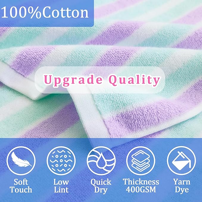 VOOVA & MOVAS Kids Hooded Bath Towels Quick Dry - (3-10Years) - Absorbent Lightweight Hooded Cotton Towel for Pool | Swim | Beach | Bath, Boys Wrap Towel with Hood, Aqua Purple Stripe
