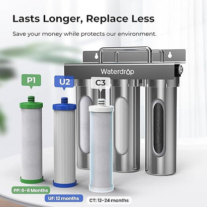 Waterdrop TST-UF 0.01μm Ultra-Filtration Under Sink Water Filter, Stainless Steel, 5X Service Life,Remove 99.99% of Contąminants Larger Than 0.01μm, with Dedicated Faucet, USA Tech (3 Filter Included)