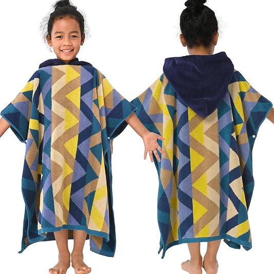 VOOVA & MOVAS Hooded Bath Towel for Kids (4-8Years) - Thick 500GSM,Soft, Absorbent, 100% Cotton Swim Towel, Perfect for Bathroom | Pool | Swim, Jacquard,Blue