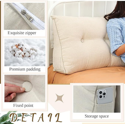 Wenqik Wedge Pillow Triangular Dorm Headboard Bed Rest Reading Backrest Back Support Long Bolster Pillow with Removable Cover for Dorm Room Supplies(Beige,Queen (59 x 20 x 8 Inch))