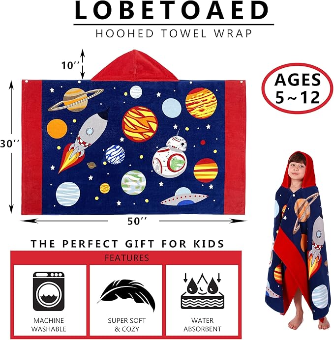 Kids Hooded Beach Bath Towel, Baby Surf Poncho Toddlers Soft Real Cotton Wrap Hooded Towels for Kids Boy Girl